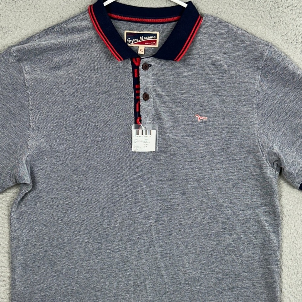 NEW Flying Machine Polo Mens XL Grey Marled Casual Knit Rugby Short Sleeve Logo